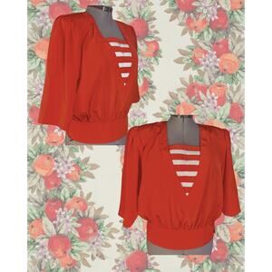 Vintage 80s MS CHAUS Red White Nautical Blouse 3/4 Sleeve Blouse Size 10